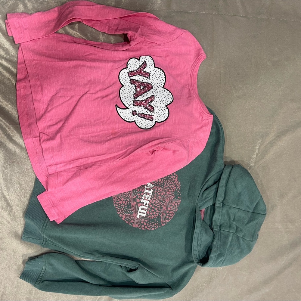 Primark Kids Pink Graphic Tee and Green Hoodie